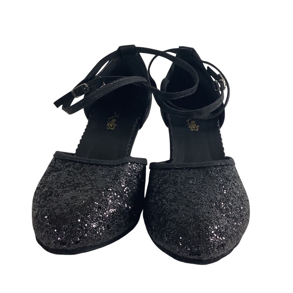 Black Glitter Ballroom Dance Shoes Double Ankle Strap Kitten Heel Size 42